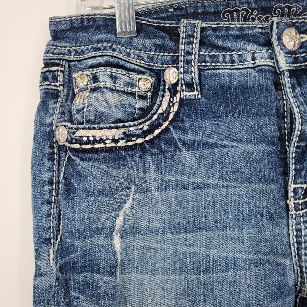 Miss Me Mid Rise Skinny Distressed Embellished Jeans Medium Wash Size 29 - Picture 4 of 8